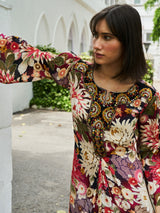 MULTICOLOR FLOWER DIGITAL PRINTED VISCOSE SATIN WITH HAND EMBROIDERY DRESS