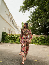 MULTICOLOR FLOWER DIGITAL PRINTED VISCOSE SATIN WITH HAND EMBROIDERY DRESS