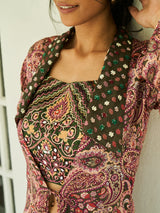 OLIVE GREEN DIGITAL PRINTED VISCOSE SATIN WITH HAND EMBROIDERY CO-ORDS SET WITH LONG SHRUG