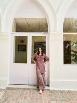 WINE DIGITAL PRINTED VISCOSE SATIN WITH HAND EMBROIDERY CO-ORDS SET