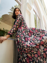 BLACK DIGITAL PRINTED VISCOSE SATIN WITH HAND EMBROIDERY CO-ORDS SET WITH LONG SHRUG