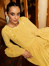 LEMON YELLOW PURE GEORGETTE GOWN WITH INTRICATE HANDWORK EMBRIODERY