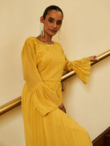 LEMON YELLOW PURE GEORGETTE GOWN WITH INTRICATE HANDWORK EMBRIODERY