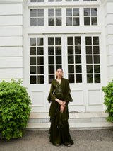 OLIVE WRINKLE GEORGETTE PEPLUM SHARARA SET WITH HAND EMBROIDERY