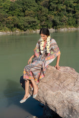 Grey Printed Pure Viscose Handwork Kaftan Dress free size