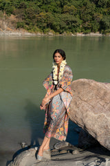 Grey Printed Pure Viscose Handwork Kaftan Dress free size