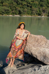 Multi-Color Printed Pure Viscose Handwork Kaftan Dress free size