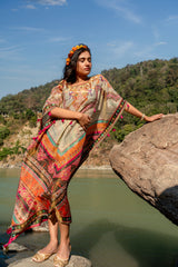 Multi-Color Printed Pure Viscose Handwork Kaftan Dress free size