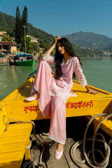 Baby Pink Faux Georgette Kurti & Gharara Set with Embroidery and Lace