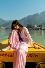 Baby Pink Faux Georgette Kurti & Gharara Set with Embroidery and Lace