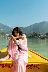 Baby Pink Faux Georgette Kurti & Gharara Set with Embroidery and Lace