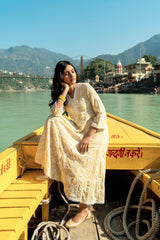 Pastel Yellow Faux Georgette Anarkali Kurti with Lace & Embroidery