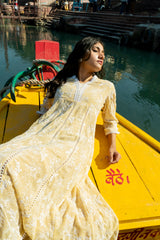 Pastel Yellow Faux Georgette Anarkali Kurti with Lace & Embroidery