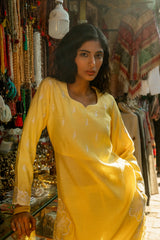 Yellow Modal Roman Silk Kurta with Delicate Embroidery