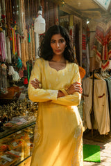Yellow Modal Roman Silk Kurta with Delicate Embroidery