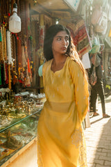 Yellow Modal Roman Silk Kurta with Delicate Embroidery