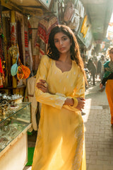 Yellow Modal Roman Silk Kurta with Delicate Embroidery