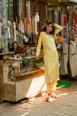 Yellow Modal Roman Silk Kurta with Delicate Embroidery