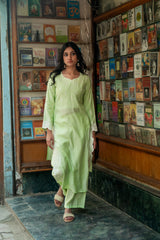 Pastel Green Kurta in Modal Roman Silk with Delicate Embroidery