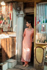 Peach Modal Roman Silk Kurta with Embroidered Hem & Fine Motifs