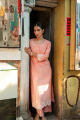 Peach Modal Roman Silk Kurta with Embroidered Hem & Fine Motifs