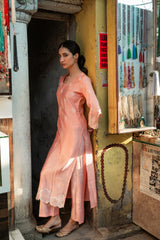 Peach Modal Roman Silk Kurta with Embroidered Hem & Fine Motifs