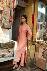 Peach Modal Roman Silk Kurta with Embroidered Hem & Fine Motifs