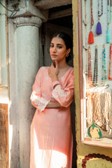 Peach Modal Roman Silk Kurta with Embroidered Hem & Fine Motifs