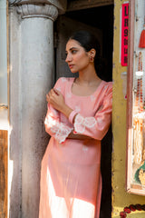 Peach Modal Roman Silk Kurta with Embroidered Hem & Fine Motifs