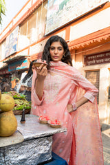 Peach Embroidered Modal Chanderi Kurta, Pants & Dupatta Set