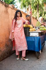 Peach Embroidered Modal Chanderi Kurta, Pants & Dupatta Set