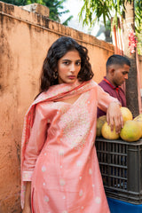 Peach Embroidered Modal Chanderi Kurta, Pants & Dupatta Set