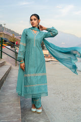 Dusty Blue Cotton Schiffli Embroidered Kurta with Lace Detailing