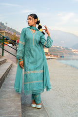 Dusty Blue Cotton Schiffli Embroidered Kurta with Lace Detailing