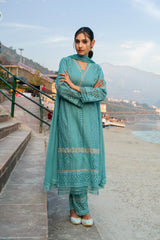 Dusty Blue Cotton Schiffli Embroidered Kurta with Lace Detailing