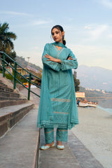 Dusty Blue Cotton Schiffli Embroidered Kurta with Lace Detailing