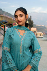 Dusty Blue Cotton Schiffli Embroidered Kurta with Lace Detailing