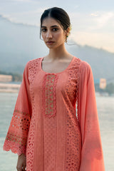 Peach Cotton Schiffli Embroidered Kurta with Lace Detailing