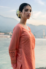 Peach Cotton Schiffli Embroidered Kurta with Lace Detailing