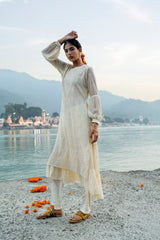 Off-White Georgette Two-Tier Kurti with White Embroidery