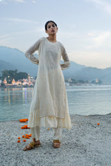 Off-White Georgette Two-Tier Kurti with White Embroidery
