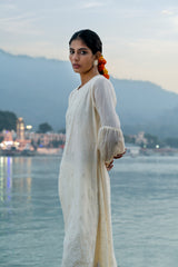 Off-White Georgette Two-Tier Kurti with White Embroidery