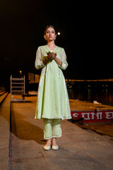 Pista Green A-Line Kurta Set with Lace Detailing & Front Pleats