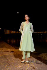 Pista Green A-Line Kurta Set with Lace Detailing & Front Pleats