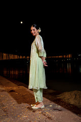 Pista Green A-Line Kurta Set with Lace Detailing & Front Pleats