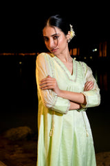 Pista Green A-Line Kurta Set with Lace Detailing & Front Pleats
