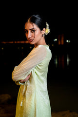 Pista Green A-Line Kurta Set with Lace Detailing & Front Pleats