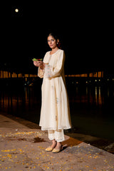 Cream Anarkali Kurti with Embroidered Details & Honeycomb Pleating