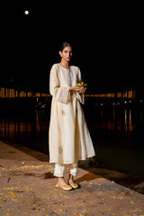 Cream Anarkali Kurti with Embroidered Details & Honeycomb Pleating