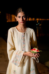 Cream Anarkali Kurti with Embroidered Details & Honeycomb Pleating